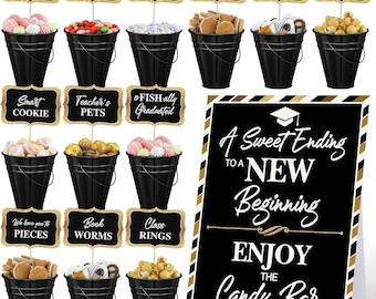 12 Set 2026 Graduation Candy Buffet Party Decoration Graduation Table Candy Bar Snack Labels Signs and 5'' Buckets with Handle 2026