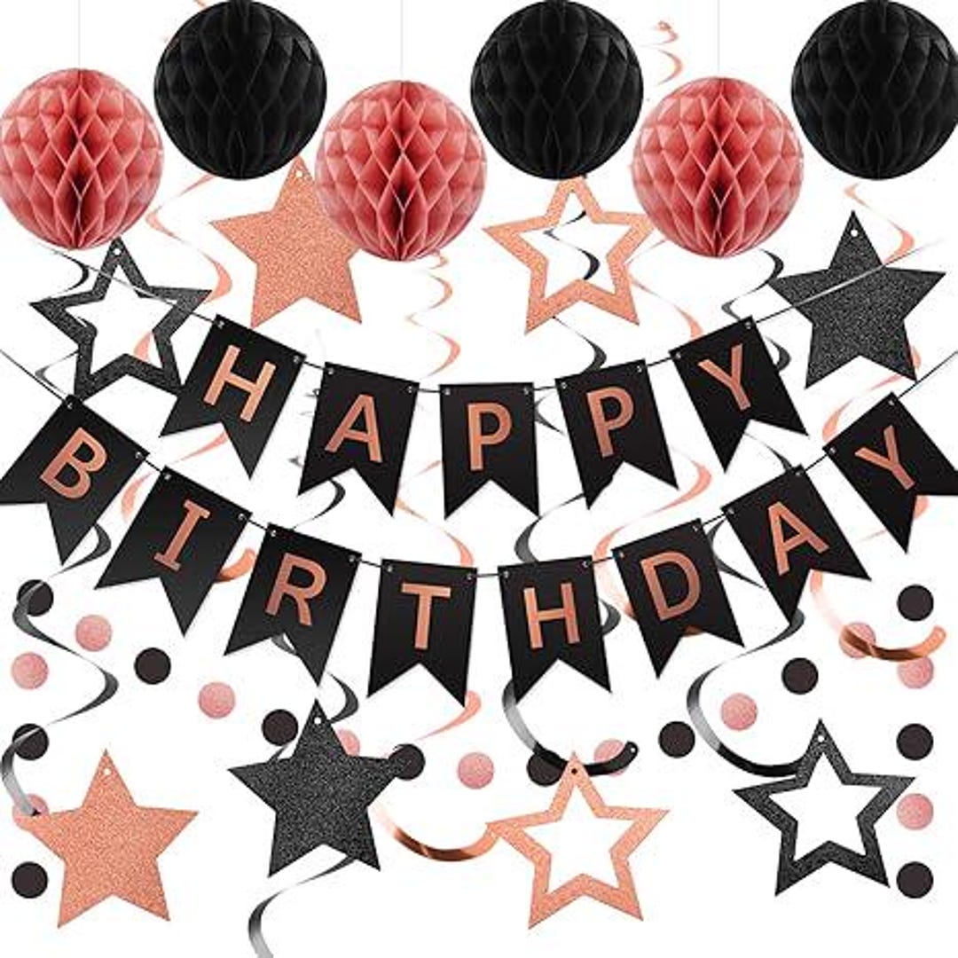 Black Gold Birthday Decorations Kit - Complete Party Decor Set With Banner And Balloons