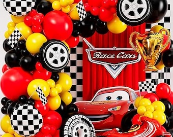 ALL-IN-1 Race Car Balloon Arch Kit & Garland with BONUS Trophy Number 2 - Race Cars Balloons for Lightning McQueen Race Car Birthday