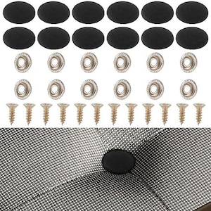 May include: An assortment of black, oval-shaped buttons, silver snap fasteners, and gold-colored screws. The buttons are arranged in rows above the fasteners and screws. A section of a black and white checkered fabric is visible at the bottom.