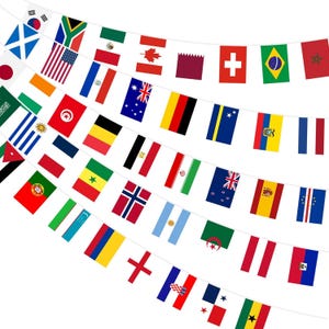 May include: A string of colorful pennant flags featuring various national flags. The flags are strung together on a white string, creating a festive and decorative display. The flags represent countries from around the world.