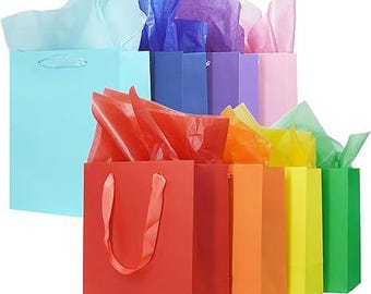 8 Pcs Medium Gift Bags With Handles: 8x5x10 Rainbow Color Gift Bags Kraft Paper Party Favor Bags With 16 Tissues For Party,Birthday
