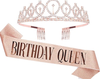 Birthday Crown and Sash for Women - Rose Gold Rhinestone Tiara Set and Sash for Decorations