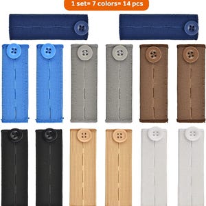 May include: A set of 14 fabric button extenders in seven colors: navy blue, light blue, gray, brown, black, beige, and white. Each extender has a button for attachment. The text "1 set = 7 colors = 14 pcs" is at the top.