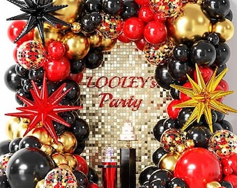 137Pcs Red Black Gold Balloons Garland Arch Kit with Stars - 5 10 12 18 inch Red Black Gold Confetti Latex Balloons for Graduation Hollywood
