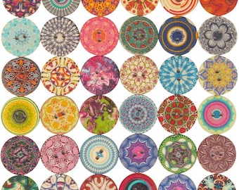 100pcs Mixed Random Flower Painting Round 2 Holes Wood Wooden Buttons for Sewing Crafting 20mm
