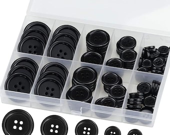 100 Pcs Black Resin Sewing Buttons, 4-Hole Craft Suit Coat Shirt Buttons, 5 Sizes, Round Mixed, with Compartment Storage Box, Suitable