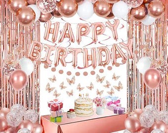 Rose Gold Happy Birthday Party Decorations for Women, Happy Birthday Banner for Her, Fringe Curtains, Foil Tablecloth, Confetti Balloons,