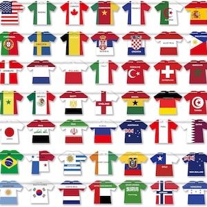 May include: A collection of t-shirts, each featuring the flag design of a different country. The shirts are white with the flag design on the front, representing nations like the USA, Canada, and France. The shirts are arranged in rows.