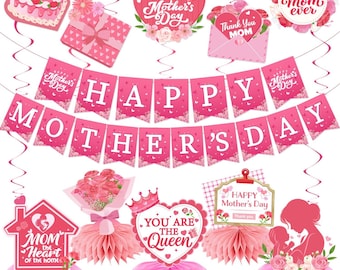 Mothers Day Decorations - Pink Best Mom Ever Party Supplies include Happy Mother's Day Banner,Hanging Swirls,Honeycomb Centerpieces