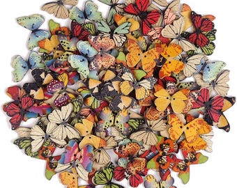 100 PCS Butterfly Wooden Buttons,1 Inch Colorful 2 Holes Mixed Decorative Buttons for DIY Sewing&Wood Craft Clothes Accessories