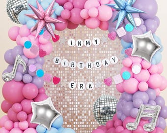 184Pcs Silver Blue Pink and Purple Balloon Arch Kit with In My Birthday Era Banner Star Music Note Disco Ball Balloons