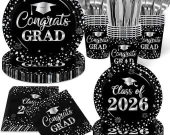 2026 Graduation Decorations Party Supplies Tableware Set-200Pcs Black and Silver Plates and Napkins,
