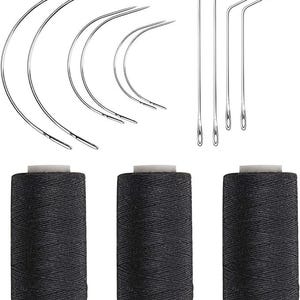 May include: A collection of sewing tools, including curved needles, straight needles, and three spools of black thread. The needles are silver-colored, and the thread spools have white tops.