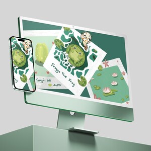 Puede incluir: Ilustración digital con un monitor de ordenador y un smartphone, ambos mostrando un diseño con temática de rana. El monitor muestra una ilustración de rana con el texto "Froggo The Frog". El teléfono muestra un diseño similar. La combinación de colores es verde y blanco.