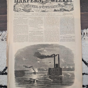 May include: An aged copy of Harper's Weekly, dated April 18, 1863, with the headline "Journal of Civilization." The cover features an illustration of a naval battle and text about the Vicksburg blockade and the Princess of Wales.