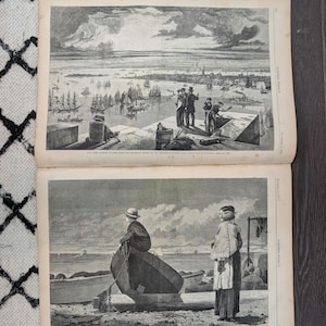 May include: Two-page spread from a vintage book featuring detailed black and white illustrations. The top image depicts a harbor scene with numerous ships and figures on a pier. The bottom image shows figures near boats on a beach.