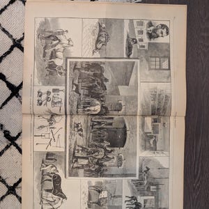 Op de afbeelding: Een vintage krantenpagina met diverse zwart-wit illustraties. De afbeeldingen tonen scènes met paarden, mensen en gereedschap, waarschijnlijk uit de 19e eeuw. De pagina is verouderd met zichtbare slijtage.