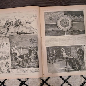 Könnte beinhalten: Doppelseite aus einer antiken Zeitschrift mit Schwarz-Weiß-Illustrationen. Eine Seite zeigt Szenen von Menschen in Booten und an Land. Die andere Seite zeigt einen Kompass und eine Raumszene.