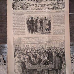 Può includere: Un antico giornale Harper's Weekly del 19 settembre 1868, con illustrazioni dettagliate in bianco e nero. Il titolo recita "The Wickedest Man's Reformation". Il giornale è invecchiato con usura visibile, mostrando contenuti storici.