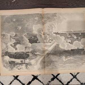 May include: A vintage black and white illustration depicting a naval battle with billowing smoke and explosions. A flag waves in the foreground, and a ship is visible in the water. The artwork is on aged paper.