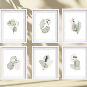 Peut inclure: Six cadres présentent des dessins au trait minimalistes d'outils de coiffure. Chaque cadre représente un outil différent : un sèche-cheveux, un vaporisateur, des pinces à cheveux, des ciseaux, un peigne et un pinceau à teinture. Des formes abstraites vertes et grises ornent les fonds blancs.