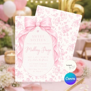 May include: A pink and white Sweet Sixteen invitation with a floral background and a large pink bow. The invitation includes the text "Sweet Sixteen" and details for the event, including the name "Mallory Paige".
