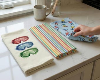 Winter Towel Bundle Winter Sports Towel Kitchen Decor Snowboard Design Mountain Home Cabin Kitchen Winter House Ski Enthusiast Gift Idea