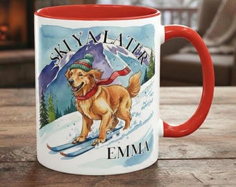 Skiing Golden Retriever Mug, Watercolor Winter Dog Art