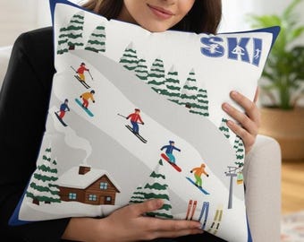 Ski Lodge Throw Pillow: Winter Mountain Scene Suede Cushion