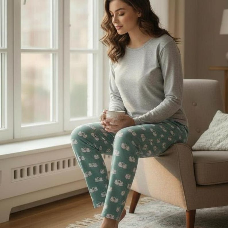 Puede incluir: Una camisa gris claro de manga larga y un pantal&oacute;n de pijama verde azulado con un estampado floral blanco. La persona sostiene una taza blanca. El pijama est&aacute; hecho de un material suave y c&oacute;modo. La persona est&aacute; sentada en una silla beige.