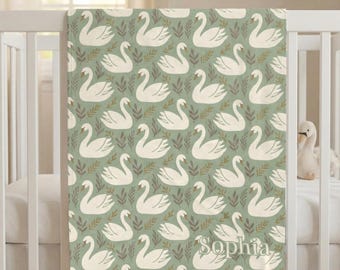 Personalized Swan Blanket Custom Baby Blanket Swan Pattern Sage Green Throw Custom Monogram New Mom Gift Baby Shower Gift Nursery Blanket
