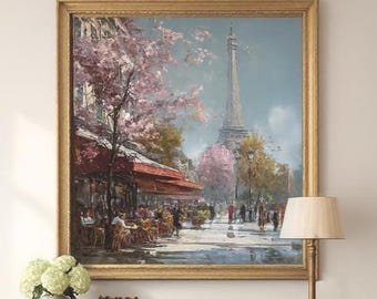 Eiffel Tower Print: Parisian Cafe & Cherry Blossoms Wall Art