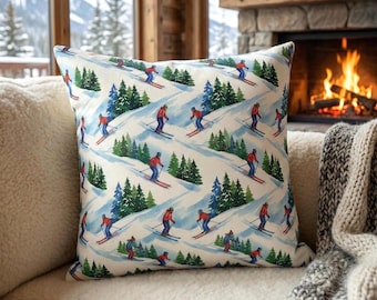 Ski Decor Pillow Winter Throw Pillow Mountain Lodge Accessory Gift Skier Decorative Alpine Home Cabin Accent Ski Scene Pillow