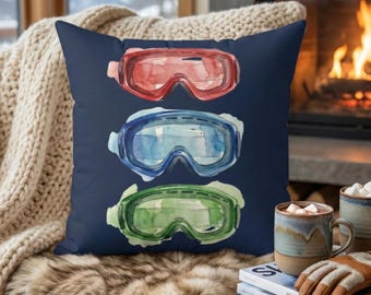 Ski Decor Pillow Navy Blue Mountain Cabin Winter Sport Themed Cushion Watercolor Goggle Design Accent Square Lodge Bedroom Holiday