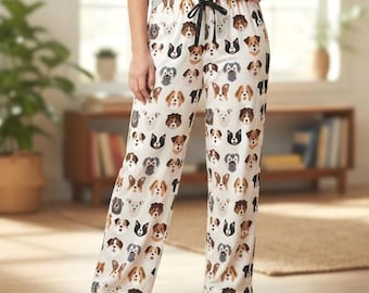 Dog Pajama Pants, Cream Canine Breed Print Sleepwear