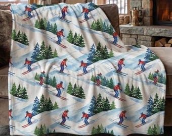 Ski Throw Blanket Winter Sherpa Fleece Mountain Scene Cabin Decor Cozy Accessory Lodge Skier Decoration Gift for Skiers