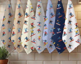 Custom Tea Towel Snowboard Kitchen Decor Rustic Winter Gift for Her Personalized Kitchen Towel Colorful Sport Decor Cabin Linen Ski Towel