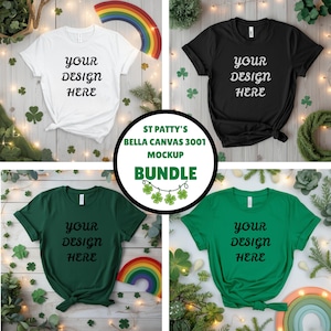 May include: A mockup bundle of four Bella Canvas 3001 t-shirts in white, black, dark green, and bright green. Each shirt has the text "YOUR DESIGN HERE" printed on the front. The image includes shamrocks and rainbows.