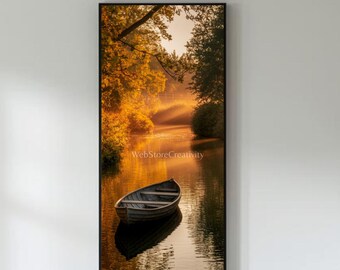 Vertical digital print autumn boat lake river morning fog nature printable landscape decor peaceful home office poster calm serene light