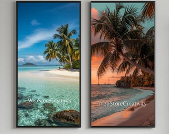 Set 2 digital print Tropical beach printable wall download palm paradise ocean turquoise sand coastal decor large format modern home design
