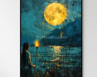 Abstract Colorful Sketch Art Printable Modern poster Digital Download yellow moon little girl with fire Print Artwork Home Office Bedroom