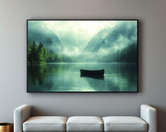 Misty lake printable wall art digital download serene boat landscape fog mountains calm water modern home decor large format nature design