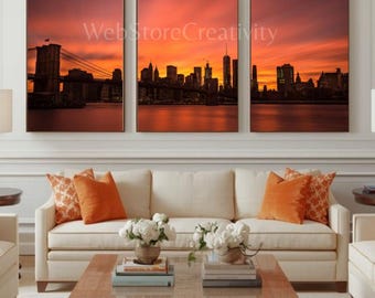 Triptych digital print Brooklyn bridge Manhattan skyline sunset sunrise wall art set printable cityscape decor modern home office poster