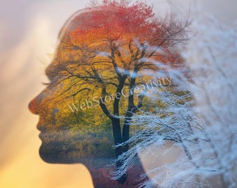 Digital print woman face tree double exposure nature abstract art creativity environment modern decor printable home office minimal gift