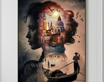 Venice woman silhouette digital poster art canal cityscape gondolas romantic Italian illustration printable vertical artwork large format
