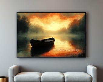 Sunset river boat wall art digital print panoramic landscape serene water reflection golden sky printable large format home decor nature