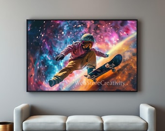 Astronaut Skateboard Galaxy Wall Art Digital Print 3x2 Space Surreal Poster Cosmic Skateboarding Decor High Resolution Download
