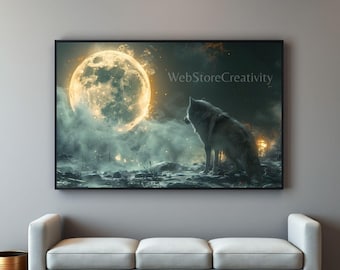 White wolf moon wall art digital print fantasy night landscape snowy wilderness printable format mystical animal home decor illustration