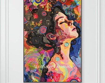 Colorful abstract woman profile printable digital download vertical wall art modern psychedelic portrait large format poster decor design